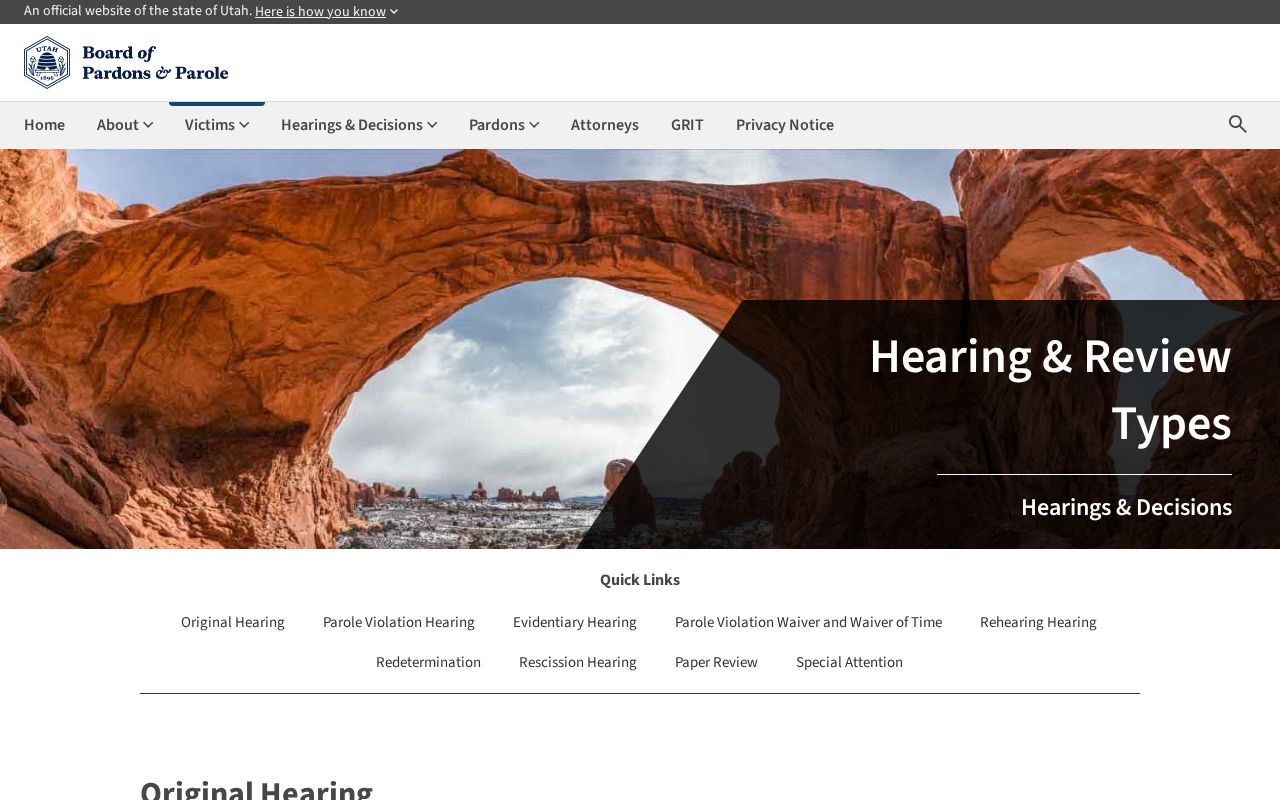 Salt Lake County parole hearing and review types from the Utah Board