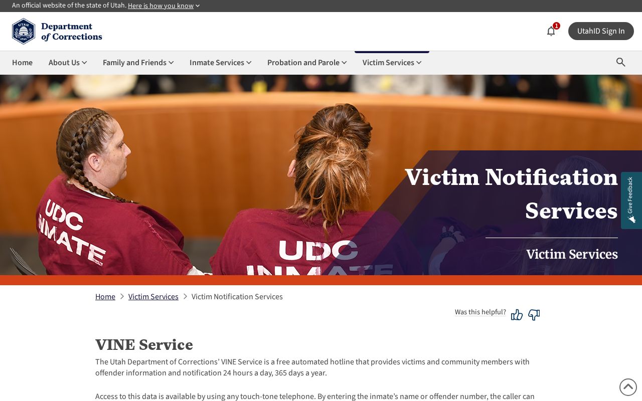 Salt Lake County VINELink release notification events and PIN instructions